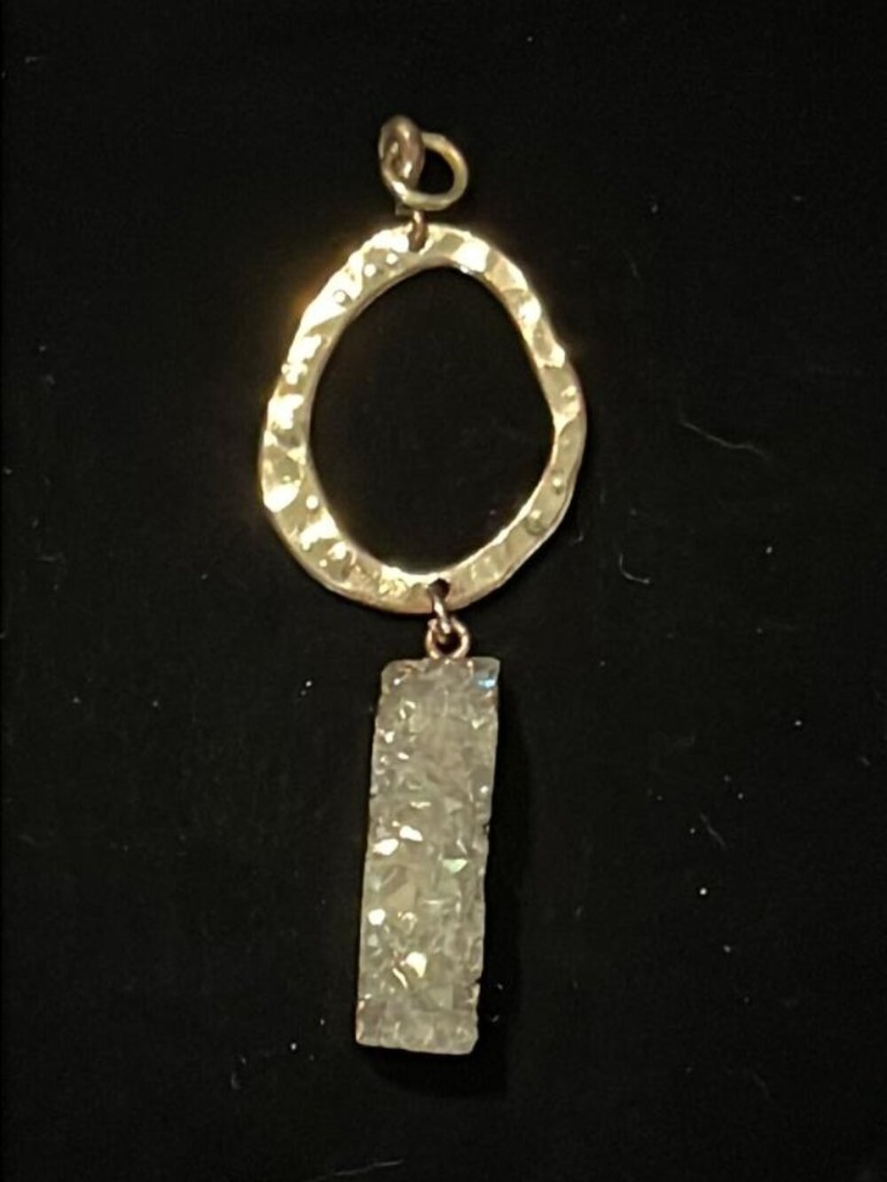 Rectangle Druzy Quartz on Hammered Gold Tone Oval Pendant